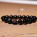 Buddha Stones Natural Gold Sheen Obsidian Rainbow Obsidian Om Mani Padme Hum Fu Character Healing Bracelet Bracelet BS 12mm Rainbow Obsidian Om Mani Padme Hum(Wrist Circumference 14-16cm)