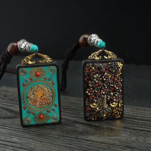 Buddha Stones Tibet God Of Wealth Money Tree Golden Phoenix Thangka Ebony Peace Necklace Pendant Necklaces & Pendants BS main