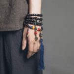 Buddha Stones 108 Beads Mala Ebony Wood Dzi Bead Copper Balance Tassel Bracelet Mala Bracelet BS 3