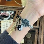 Buddha Stones Cat's Eye Ebony Wood Yin Yang Bagua Coin Support Rope Bracelet Bracelet BS 3