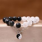 Buddha Stones Silver Sheen Obsidian Crackle Clear Quartz Black Rutilated Quartz Yin Yang Lotus Protection Bracelet Bracelet BS 3