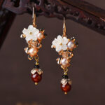 Buddha Stones 14K Gold Plated Tridacna Stone Flower Pearl Green Aventurine Bead Drop Earrings Earrings BS White Tridacna Stone Flower Pearl Red Bead