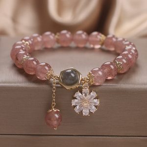 Natural Strawberry Quartz Crystal Daisy Flower Charm Positive Healing Bracelet Bracelet BS Strawberry Quartz(Love♥Healing)