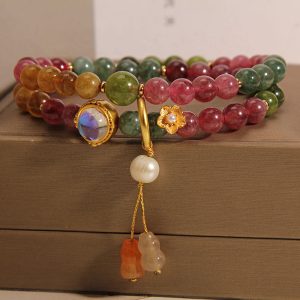 Buddha Stones Multicolored Tourmaline Positive Double Wrap Gourd Charm Bracelet Bracelet BS Tourmaline(Positive♥Love)(Wrist Circumference 14-16cm)Double Wrap