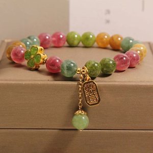 Buddha Stones Tourmaline Jade Colorful Four-leaf Clover Positive Bracelet Bracelet BS Tourmaline Jade(Wrist Circumference 14-18cm)