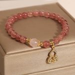 Buddha Stones Strawberry Quartz Gourd Fu Character Charm Positive Bracelet Bracelet BS 8