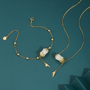 Buddha Stones 925 Sterling Silver 22K Gold Hetian White Jade Bamboo Leaf Luck Necklace Pendant Bracelet Bracelet Necklaces & Pendants BS main