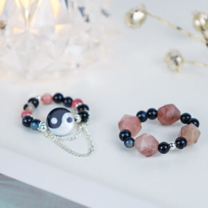 Buddha Stones Yin Yang Symbol Balance Luck Ring Ring BS 2Pcs-Bagua&Agate
