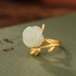 Buddha Stones 925 Sterling Silver Plated Gold Rose Flower Hetian White Jade Happiness Ring Ring BS Gold
