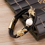 Buddha Stones Double Dragon Head Leather Stone Titanium Steel Success Bracelet (Extra 35% Off | USE CODE: FS35) Bracelet BS Gold White Bead