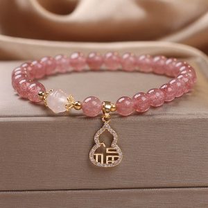 Buddha Stones Strawberry Quartz Gourd Fu Character Charm Positive Bracelet Bracelet BS Strawberry Quartz(Wrist Circumference 14-16cm)