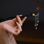 Buddha Stones Ebony Wood Yellow Flower Pearl Tassels Hairpin Hairpin BS Ebony Wood(Balance♥Calm)