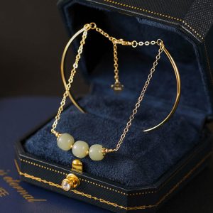 Buddha Stones Copper Plated Gold Hetian Jade Bead Luck Double Layer Bracelet Bangle Bracelet Bangle BS Hetian Jade Three Bead(Wrist Circumference 14-15cm)