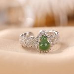 Buddha Stones 925 Sterling Silver Plated Gold Natural Hetian Cyan Jade Gourd Luck Bracelet Ring Set Bracelet Necklaces & Pendants BS 925 Sterling Silver Ring(Inner Perimeter 54-60mm Adjustable)