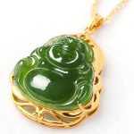 Buddha Stones 925 Sterling Silver Natural Hetian Cyan Jade Laughing Buddha 18K Gold Healing Necklace Chain Pendant Necklaces & Pendants BS 8