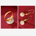 Buddha Stones 925 Sterling Silver Plated Gold Hetian Jade Lotus Luck Ring Earrings Set Bracelet Necklaces & Pendants BS 11