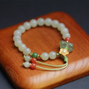 Buddha Stones 925 Sterling Silver Jade Luck Flower Butterfly Bracelet Bracelet BS Jade (Prosperity ♥ Abundance)