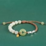 Buddha Stones 925 Sterling Silver Hetian Jade Peace Buckle Beaded Luck Happiness Charm Bracelet Bracelet BS Khaki