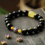 Buddha Stones 925 Sterling Silver Chinese Zodiac Natal Buddha Natural Gold Sheen Obsidian Amber Wealth Protection Bracelet Bracelet BS 8