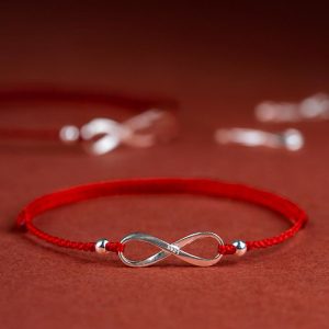Buddhastoneshop 925 Sterling Silver Endless Knot Protection Luck Red String Bracelet Anklet