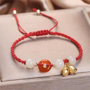 Buddha Stones Red Agate Peace Buckle Jade Lotus Healing Braided Bracelet Bracelet BS Red(Wrist Circumference 14-18cm)