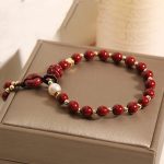 Buddha Stones Natural Cinnabar Peace Buckle Copper Coin Charm Blessing Bracelet Bracelet BS 5