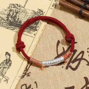 Buddha Stones Handmade 999 Sterling Silver Om Mani Padme Hum Protection Rope Bracelet Bracelet BS Red Rope(Wrist Circumference 14-17cm)