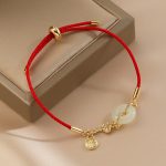 Buddha Stones 18K Gold Plated Hetian Jade Peace Buckle Fu Character Luck Red Rope Bracelet Bracelet BS 9
