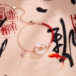 Buddha Stones White Jade Double Koi Fish Peace Buckle Attract Fortune Luck Charm Bracelet Bracelet BS Koi Fish(Luck♥Prosperity)(Wrist Circumference 14-18cm)