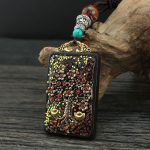 Buddha Stones Tibet God Of Wealth Money Tree Golden Phoenix Thangka Ebony Peace Necklace Pendant Necklaces & Pendants BS 10