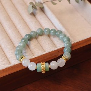 Buddha Stones Single Double Layer Jade Peace Buckle Luck Bracelet Bracelet BS Jade Single Layer Lucky Bead Bracelet(Wrist Circumference: 14-16cm)