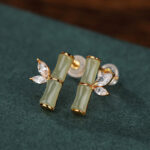 Buddha Stones 925 Sterling Silver Hetian Cyan Jade White Jade Red Agate Bamboo Pattern Luck Stud Earrings Earrings BS 4