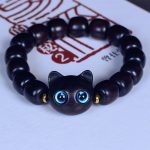 Buddha Stones Ebony Wood Liuli Glass Lovely Cat Peace Balance Bracelet Bracelet BS Ebony 12*11mm*15 Beads(Wrist Circumference 14-16cm)