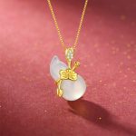 Buddha Stones Cyan Jade Gourd Lotus Leaf Abundance Pendant Necklace Necklaces & Pendants BS White Jade