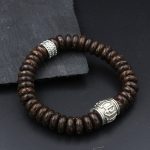 Buddha Stones Natural Tibetan Coconut Shell Om Mani Padme Hum Positive Bracelet Bracelet BS Brown Coconut Shell&White Silver 18-20cm