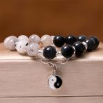 Buddha Stones Silver Sheen Obsidian Crackle Clear Quartz Black Rutilated Quartz Yin Yang Lotus Protection Bracelet Bracelet BS 14