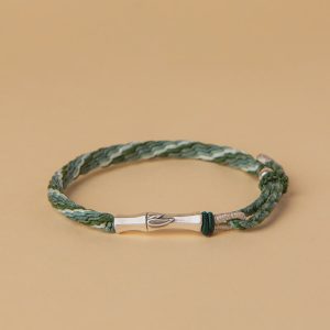 Buddha Stones 925 Sterling Silver Bamboo Reincarnation Knot Luck Protection String Bracelet Bracelet BS Green&White(Wrist Circumference 14-18cm)