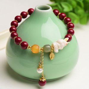Buddha Stones Year of the Rabbit Cinnabar Hetian Jade Bunny Beaded Blessing Bracelet Bracelet BS 8mm