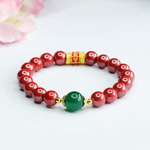 Buddha Stones Natural Cinnabar Green Agate Om Mani Padme Hum Pattern Blessing Bracelet Bracelet BS Cinnabar(Wrist Circumference: 14-16cm)