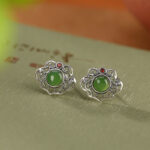 Buddha Stones 925 Sterling Silver Natural Hetian Cyan Jade Hollow Design Luck Ring Earrings Set Bracelet Necklaces & Pendants BS 9