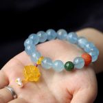 Buddha Stones Natural Aquamarine Amber Chinese Knotting Charm Peace Bracelet Bracelet BS 4