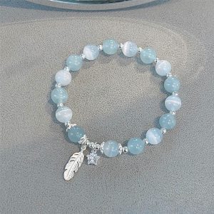 Buddha Stones 925 Sterling Silver Aquamarine Cat's Eye Healing Feather Star Charm Bracelet Bracelet BS 925 Sterling Silver Aquamarine&Cat's Eye(Wrist Circumference 14-16cm)