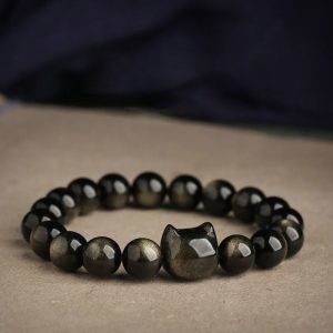 Buddha Stones Gold Sheen Obsidian Silver Sheen Obsidian Lovely Paw Lucky Cat Protection Bracelet Bracelet BS Gold Sheen Obsidian Cat Head 8mm