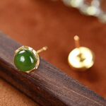 Buddha Stones 925 Sterling Silver Plated Gold Natural Hetian Cyan Jade Bead Luck Stud Earrings Earrings BS 4