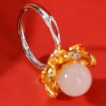 Buddha Stones 925 Sterling Silver White Jade Cyan Jade Lotus Flower Success Ring Ring BS 5