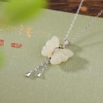 Buddha Stones 925 Sterling Silver Plated Gold Hetian White Jade Butterfly Blessing Necklace Pendant Necklaces & Pendants BS Silver