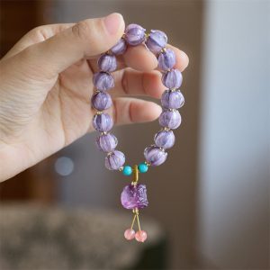 Buddha Stones Liuli Glass Bead Lotus Design Fluorite Ivory Fruit Dancing Lion Charm Enlightenment Bracelet Bracelet BS Purple Liuli Glass&Fluorite Dancing Lion(Wrist Circumference 14-16cm)