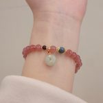 Buddha Stones Natural Strawberry Quartz Jade Peace Buckle Coin Purse Healing Bracelet Bracelet BS 7