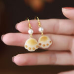 Buddha Stones Bodhi Seed Lovely Cat Paw Claw Peace Dangle Drop Earrings Earrings BS 3