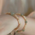 Buddha Stones 14K Gold Plated Tridacna Stone Hetian Jade Bead Bamboo Pattern Bracelet Bracelet BS 1